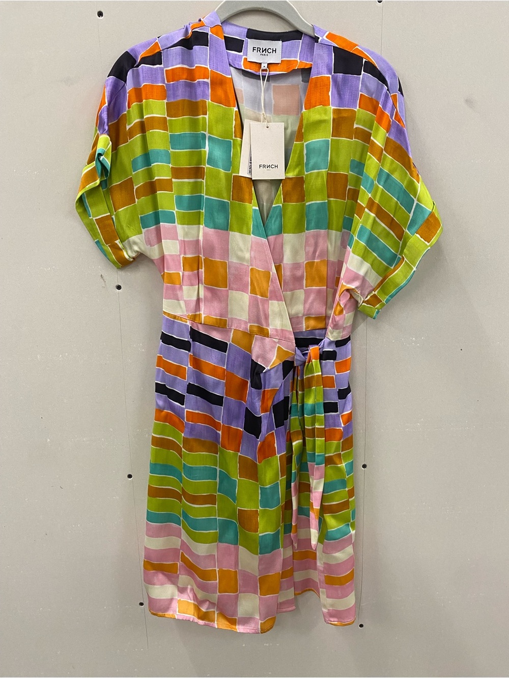 FRNCH Multicolor Block Print Shirt Dress in Green, Orange & Lavender